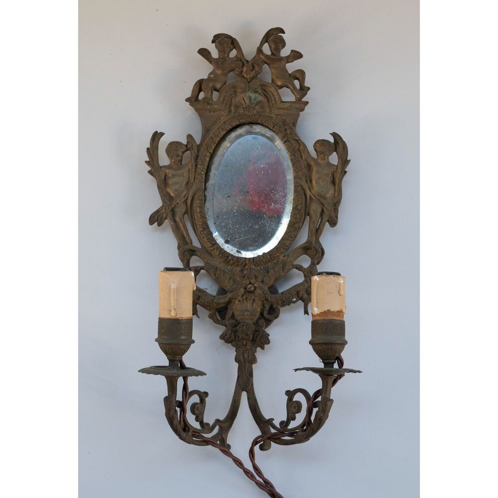 Antique Brass Wall Sconce Art Nouveau Victorian Cherubs Electrical Tested Rare